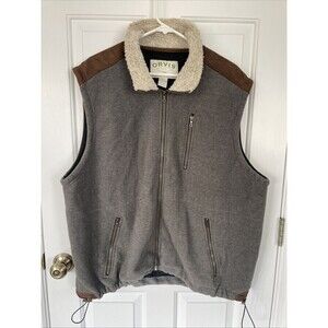 Orvis Fleece Zip Vest Sherpa Collar Faux Leather Shoulder Brown Mens XXL